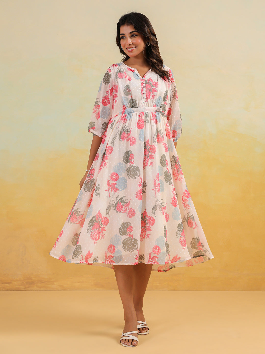 Janasya Light Georgette Floral Flared Dress 