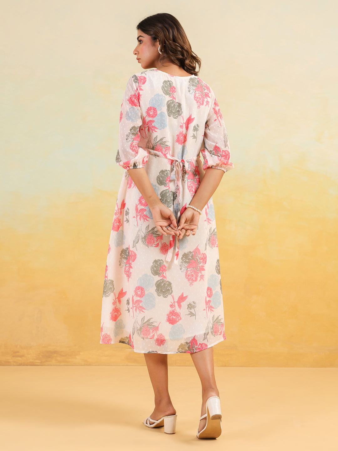 Janasya Light Georgette Floral Flared Dress 