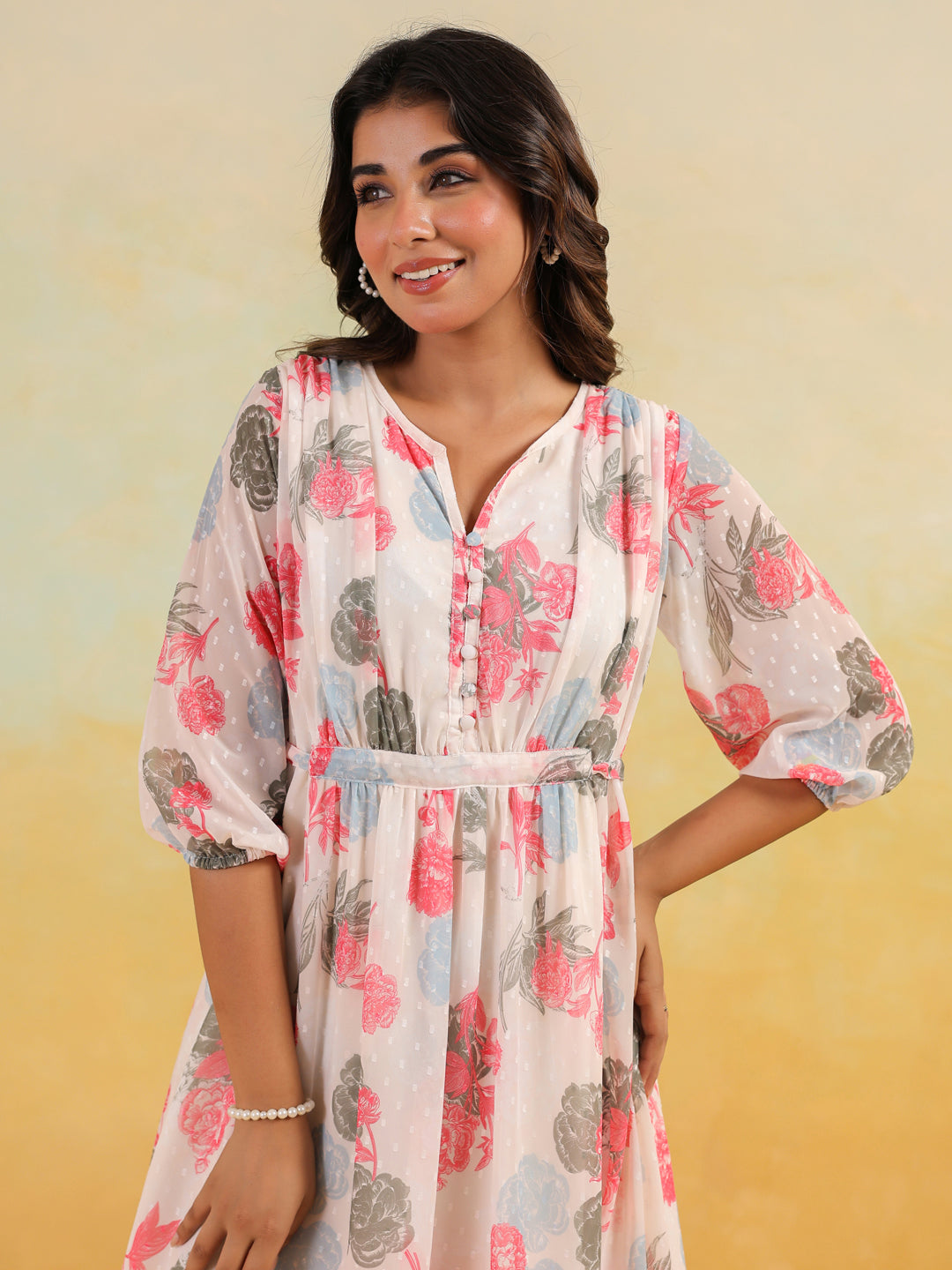 Janasya Light Georgette Floral Flared Dress 