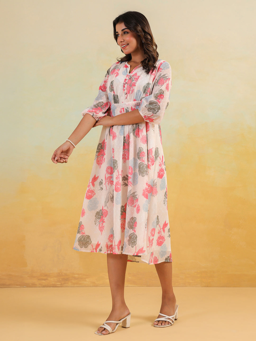 Janasya Light Georgette Floral Flared Dress 