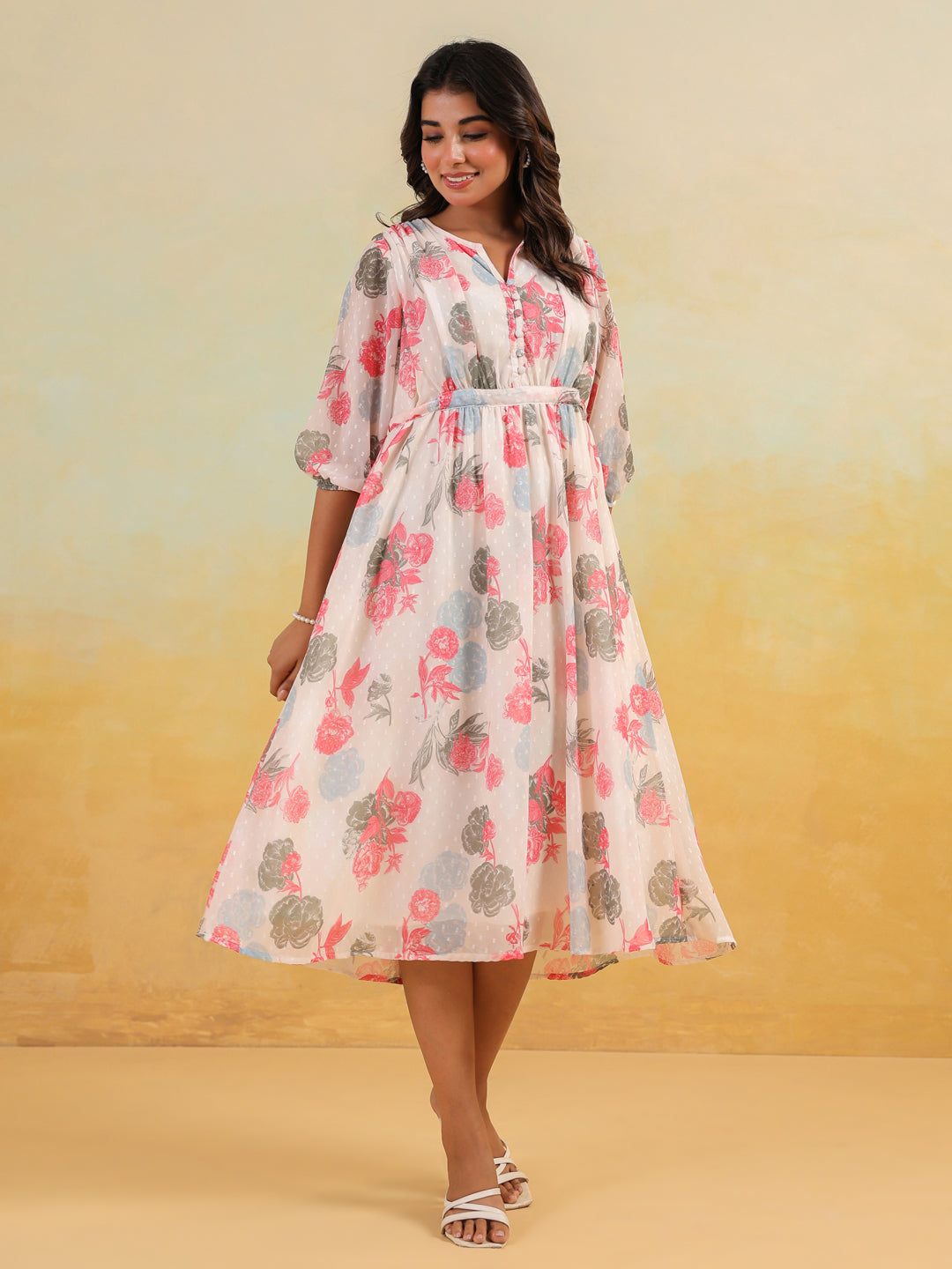 Janasya Light Georgette Floral Flared Dress 