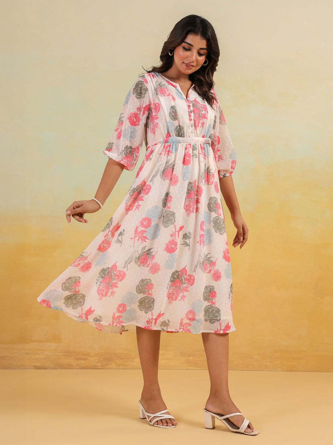 Janasya Light Georgette Floral Flared Dress 