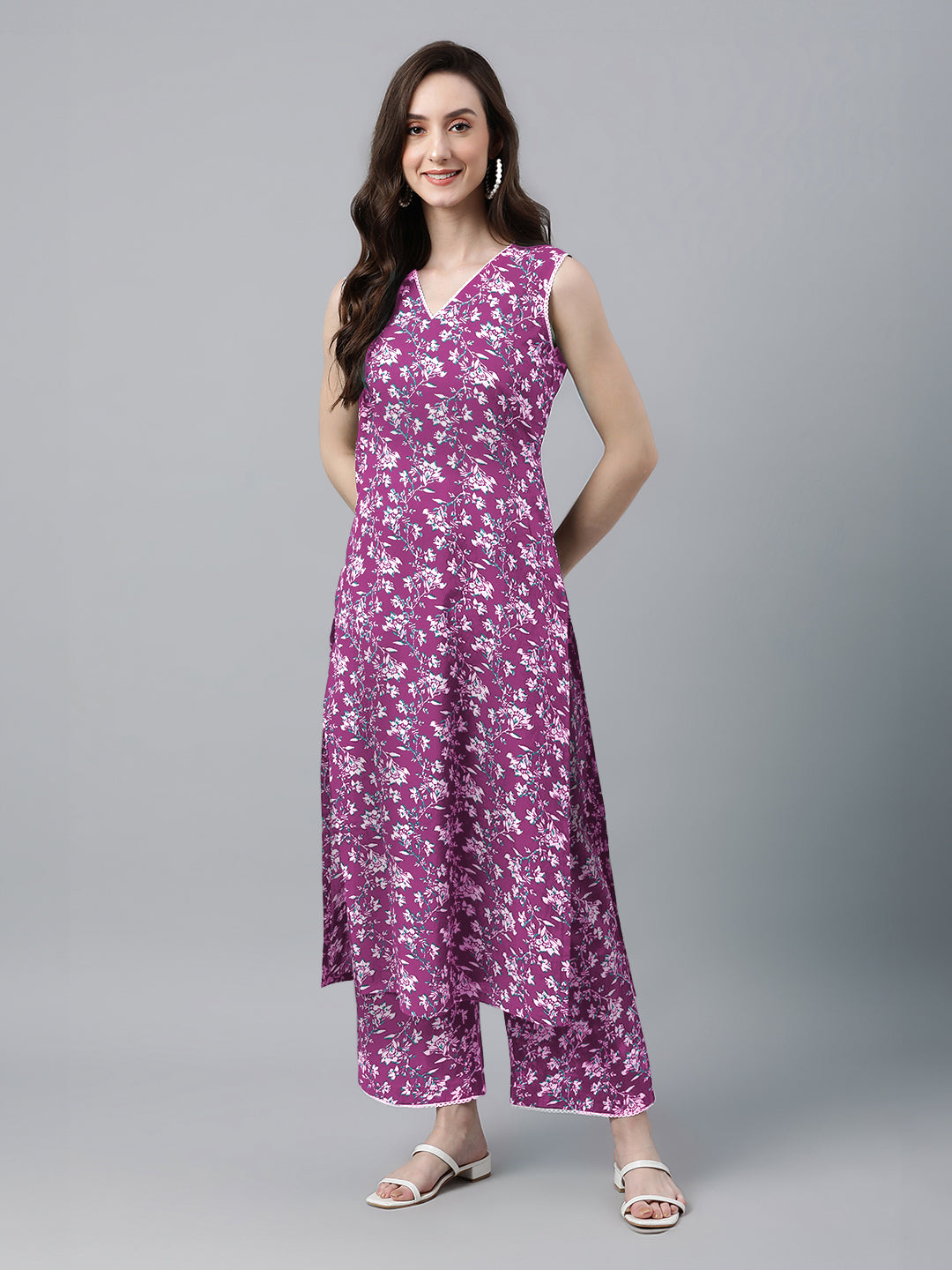 Janasya Bright Cotton Floral A-Line Kurta Set 