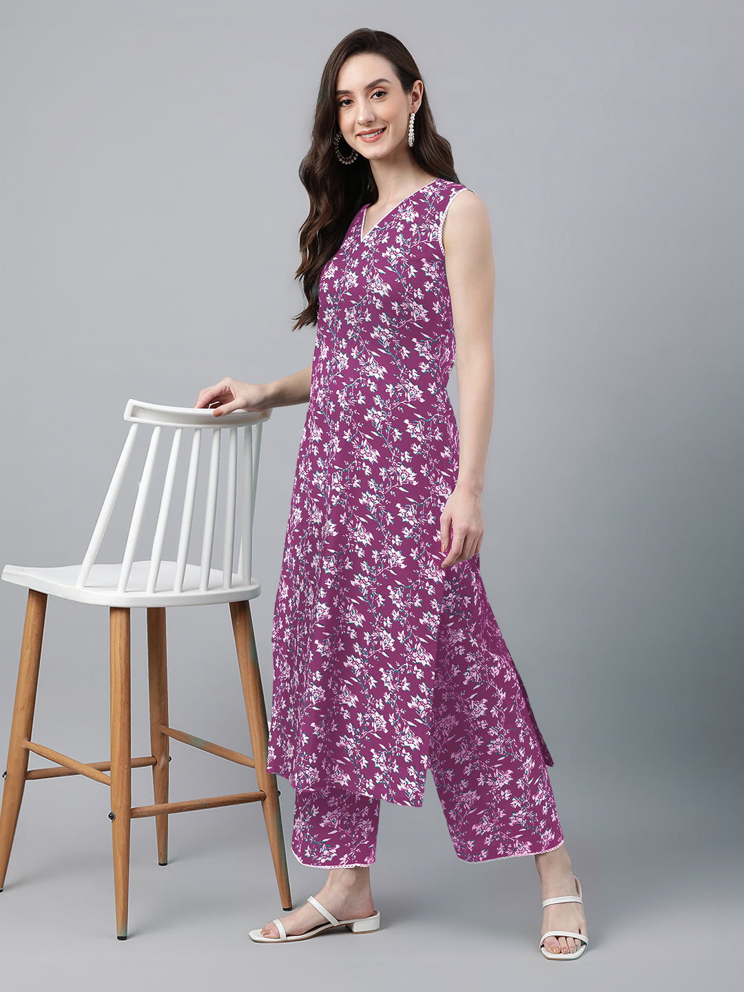 Janasya Bright Cotton Floral A-Line Kurta Set 