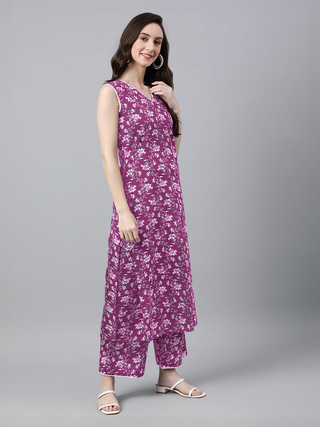 Janasya Bright Cotton Floral A-Line Kurta Set 
