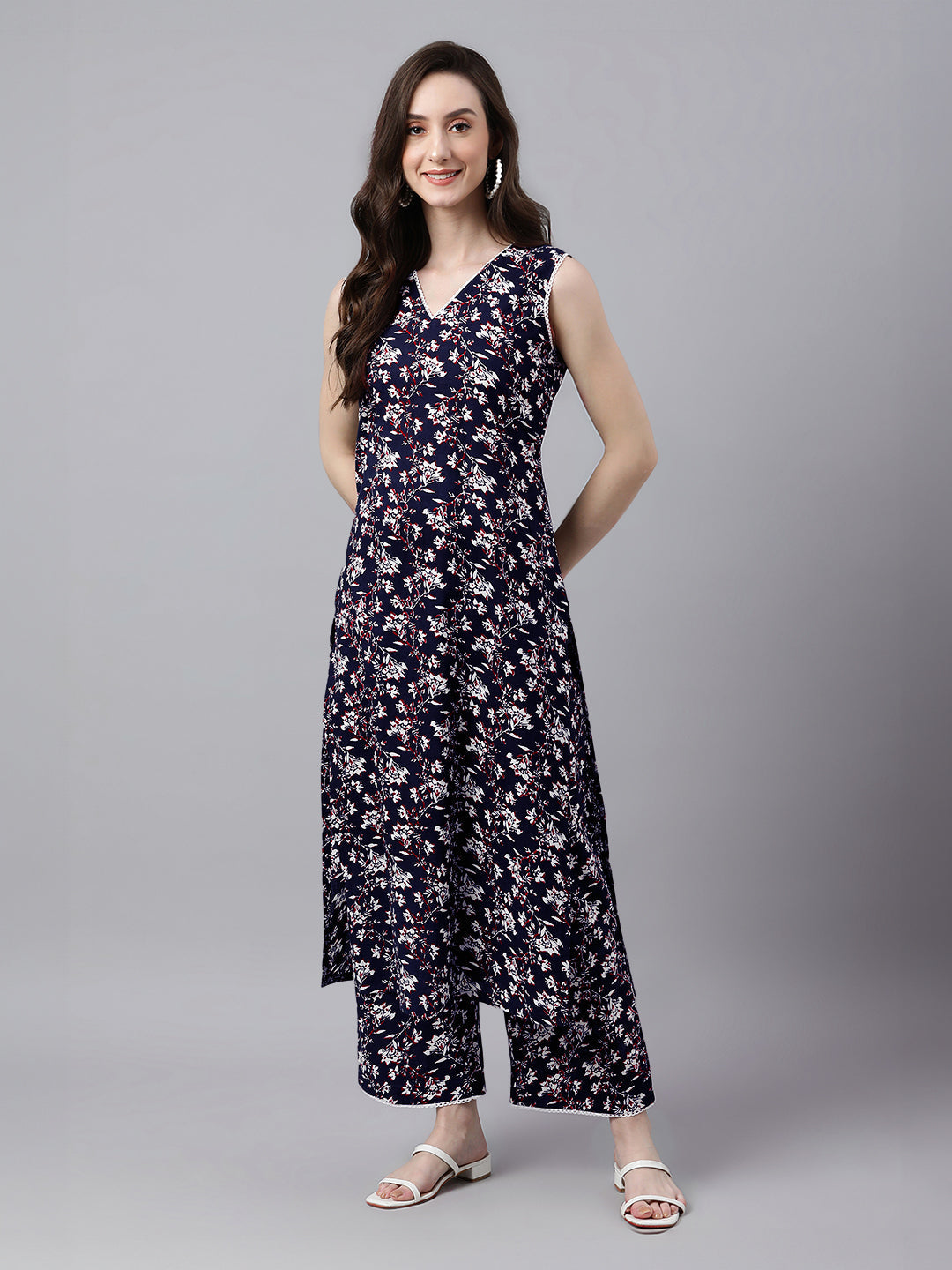 Janasya Dark Cotton Floral A-Line Kurta Set 