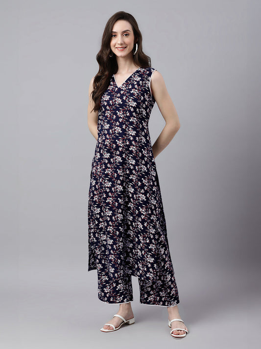 Janasya Dark Cotton Floral A-Line Kurta Set 