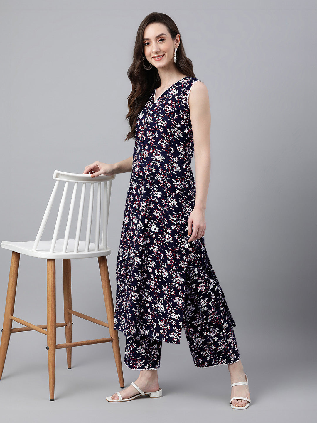 Janasya Dark Cotton Floral A-Line Kurta Set 