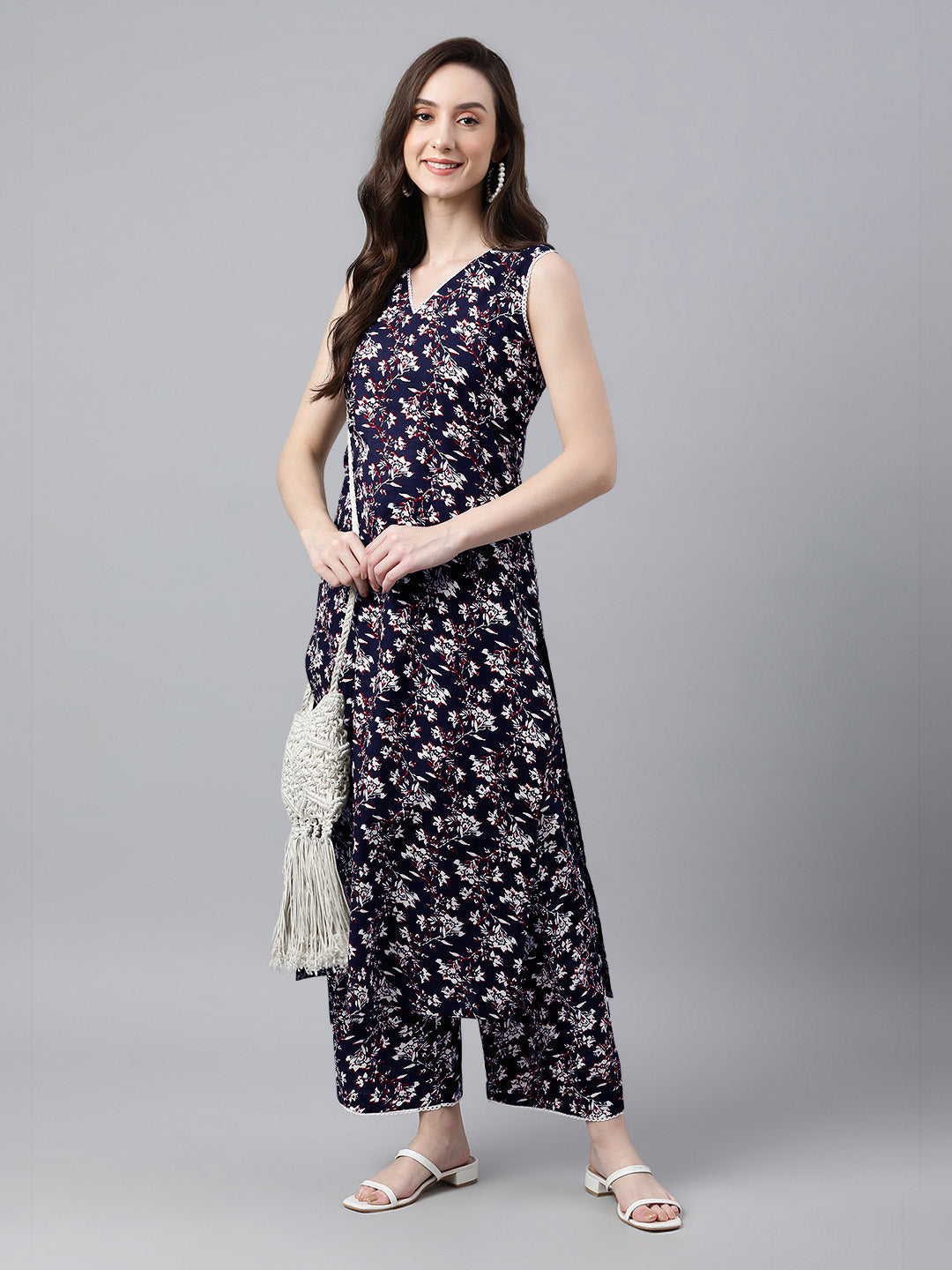 Janasya Dark Cotton Floral A-Line Kurta Set 