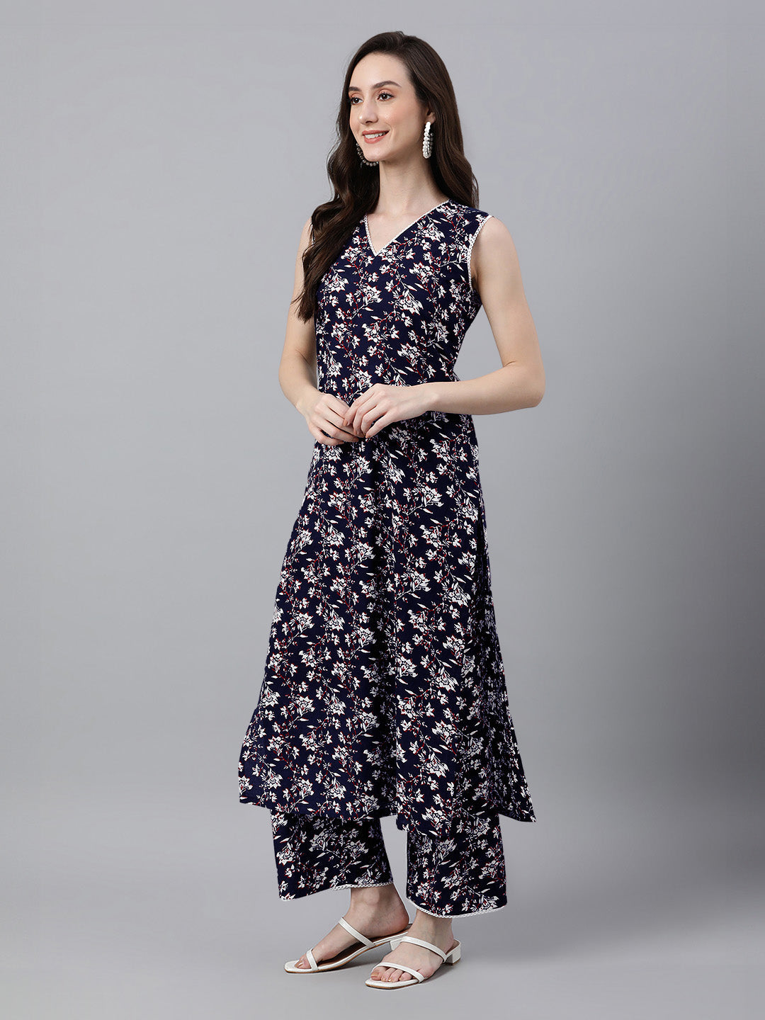 Janasya Dark Cotton Floral A-Line Kurta Set 