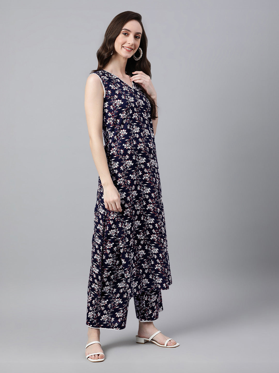Janasya Dark Cotton Floral A-Line Kurta Set 