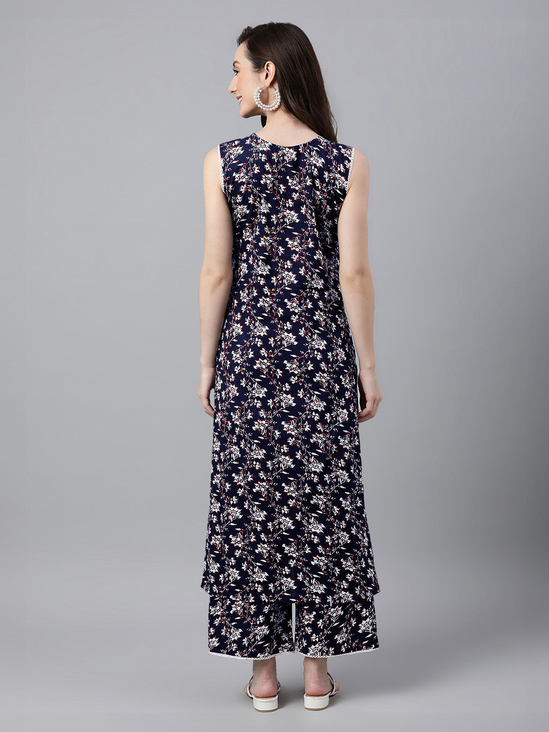 Janasya Dark Cotton Floral A-Line Kurta Set 