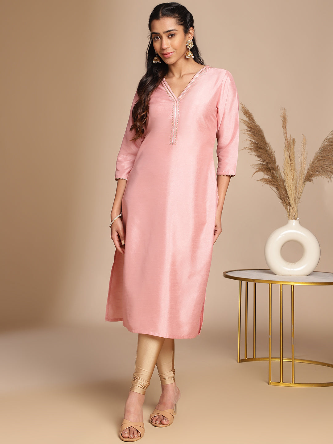 Janasya Pink Crepe Silk Solid Straight Kurta 