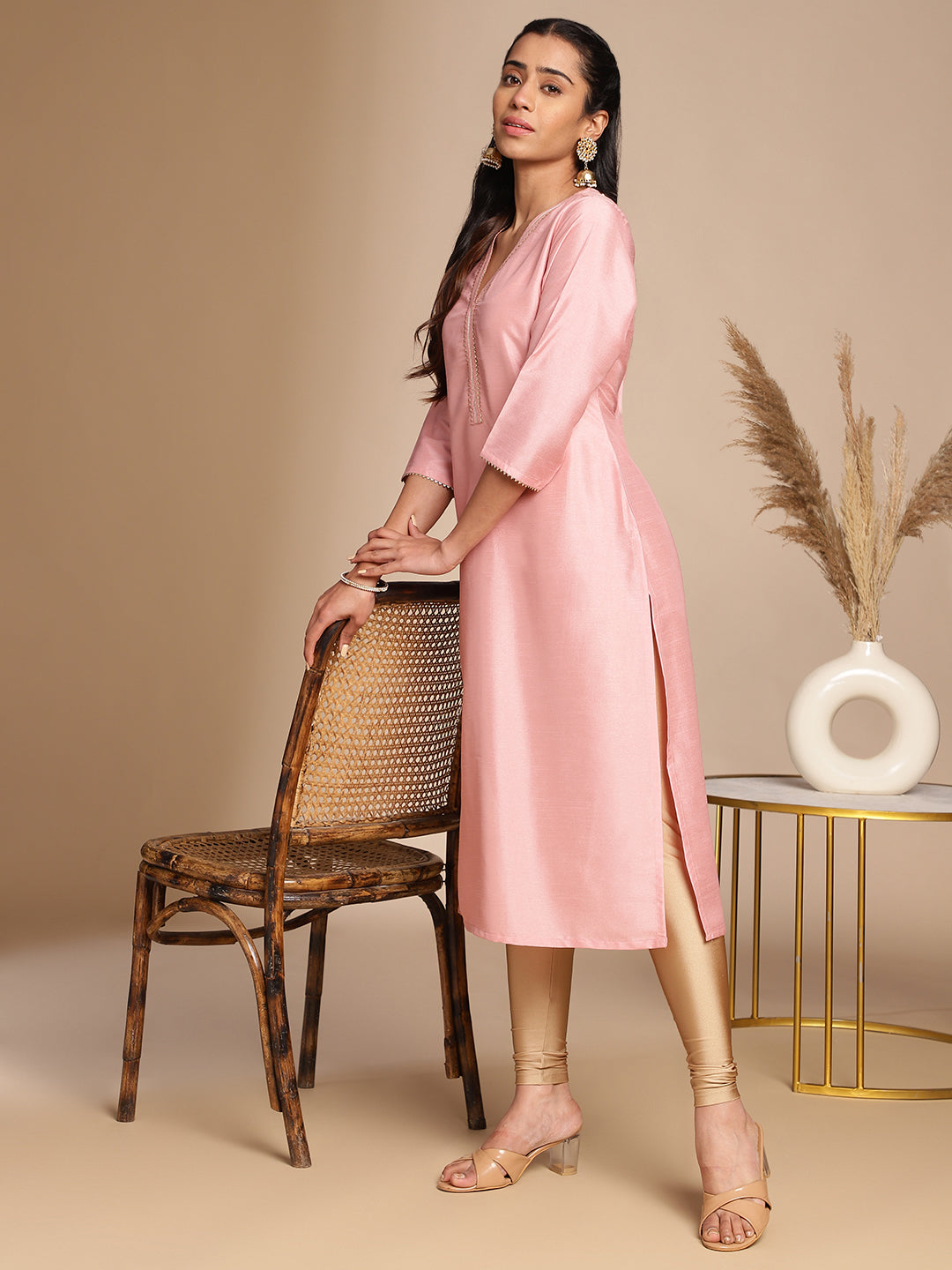 Janasya Pink Crepe Silk Solid Straight Kurta 