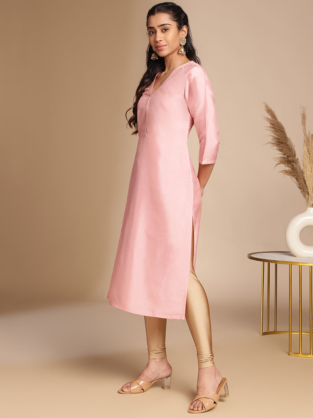 Janasya Pink Crepe Silk Solid Straight Kurta 