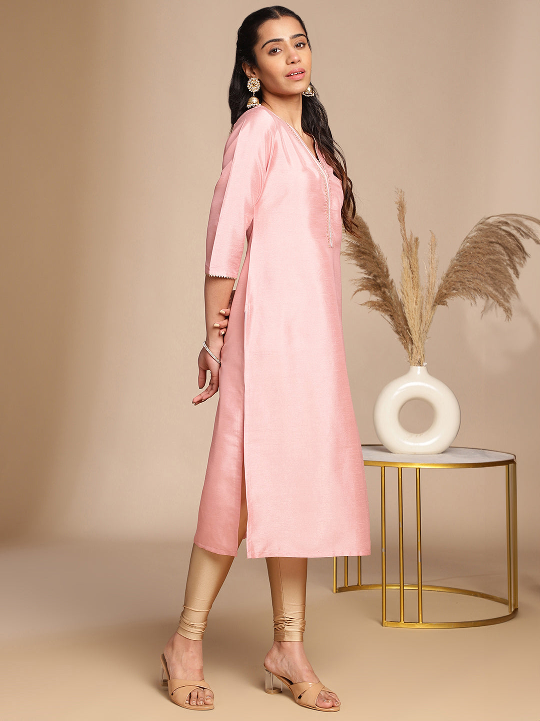 Janasya Pink Crepe Silk Solid Straight Kurta 