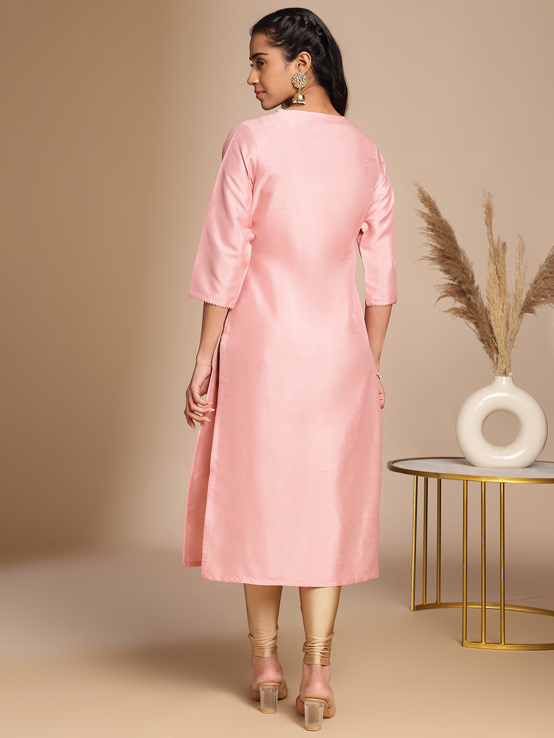 Janasya Pink Crepe Silk Solid Straight Kurta 