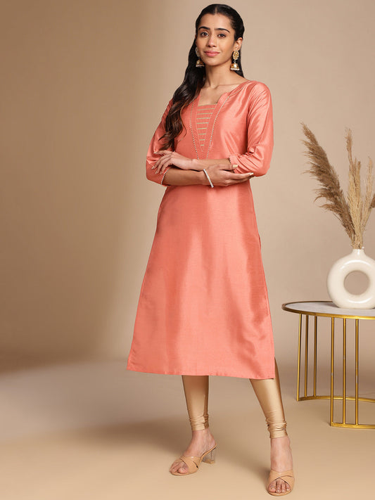Janasya Peach Crepe Silk Solid Straight Kurta 