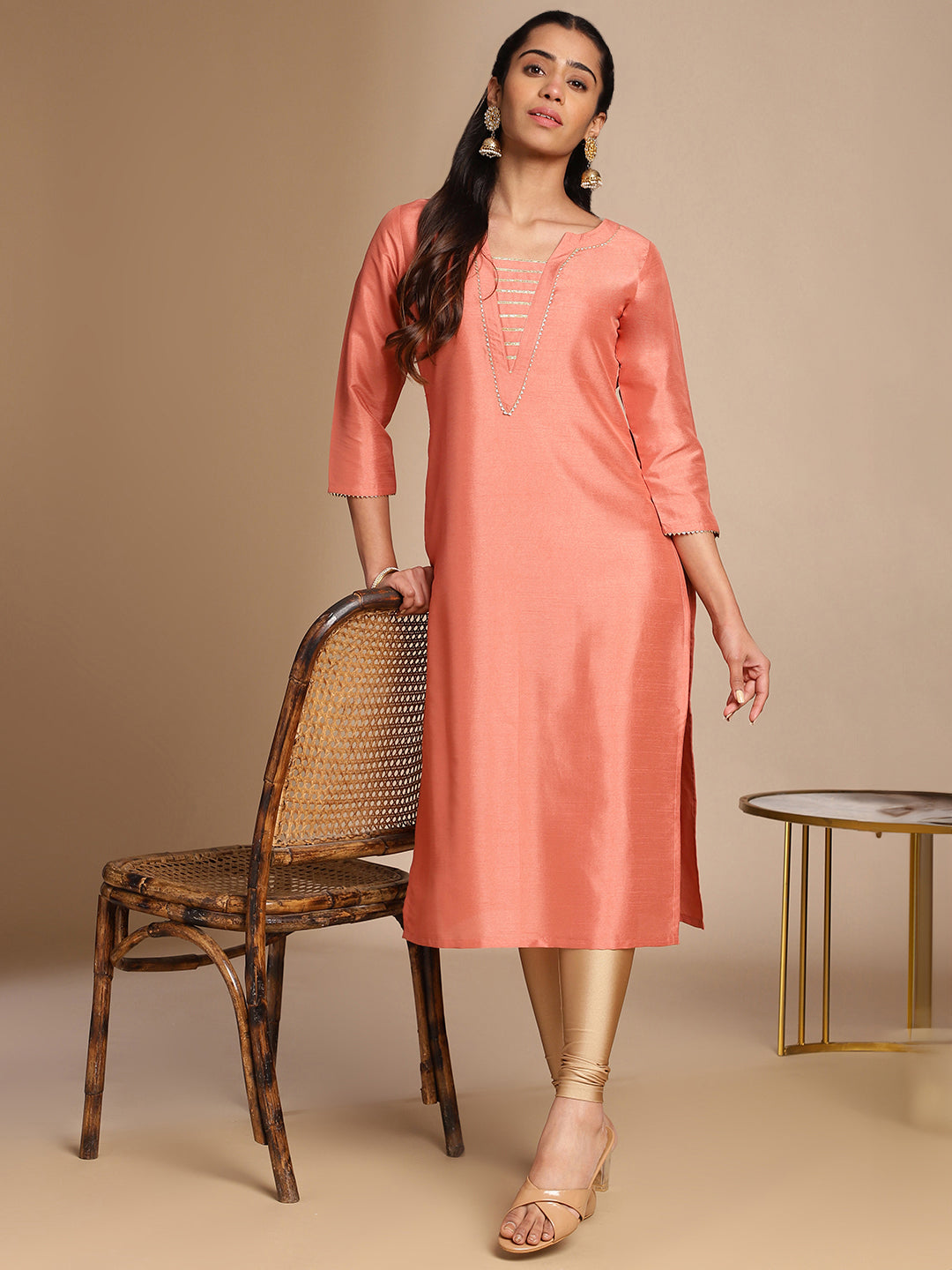 Janasya Peach Crepe Silk Solid Straight Kurta 