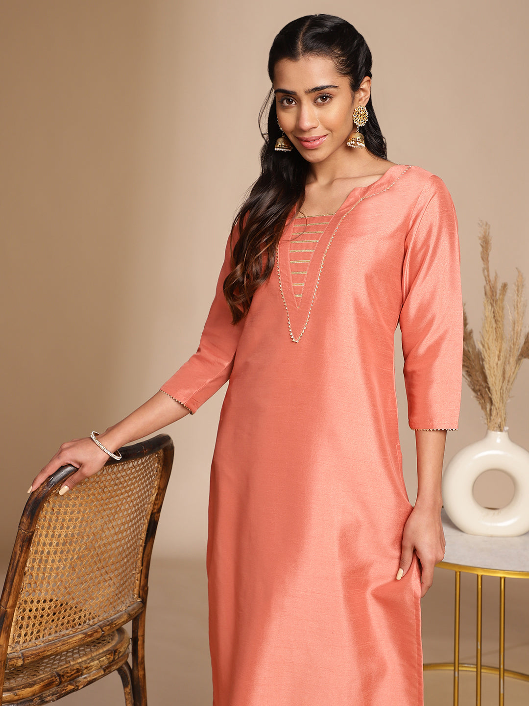 Janasya Peach Crepe Silk Solid Straight Kurta 