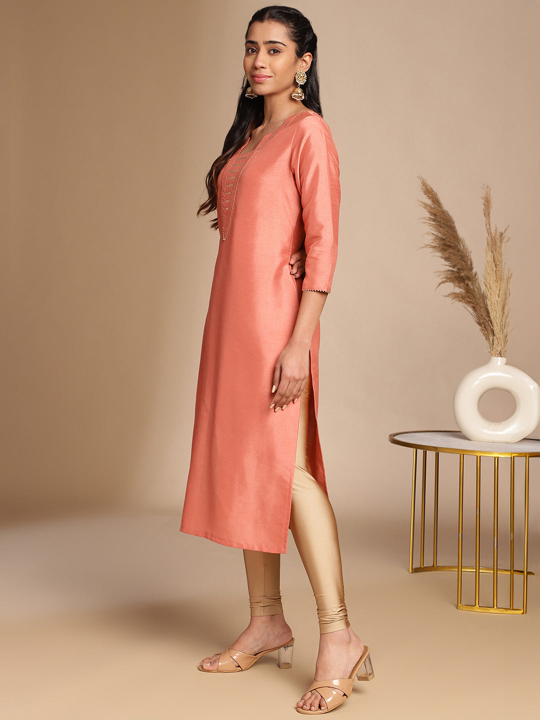 Janasya Peach Crepe Silk Solid Straight Kurta 