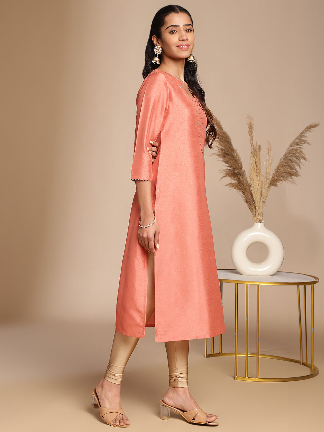 Janasya Peach Crepe Silk Solid Straight Kurta 