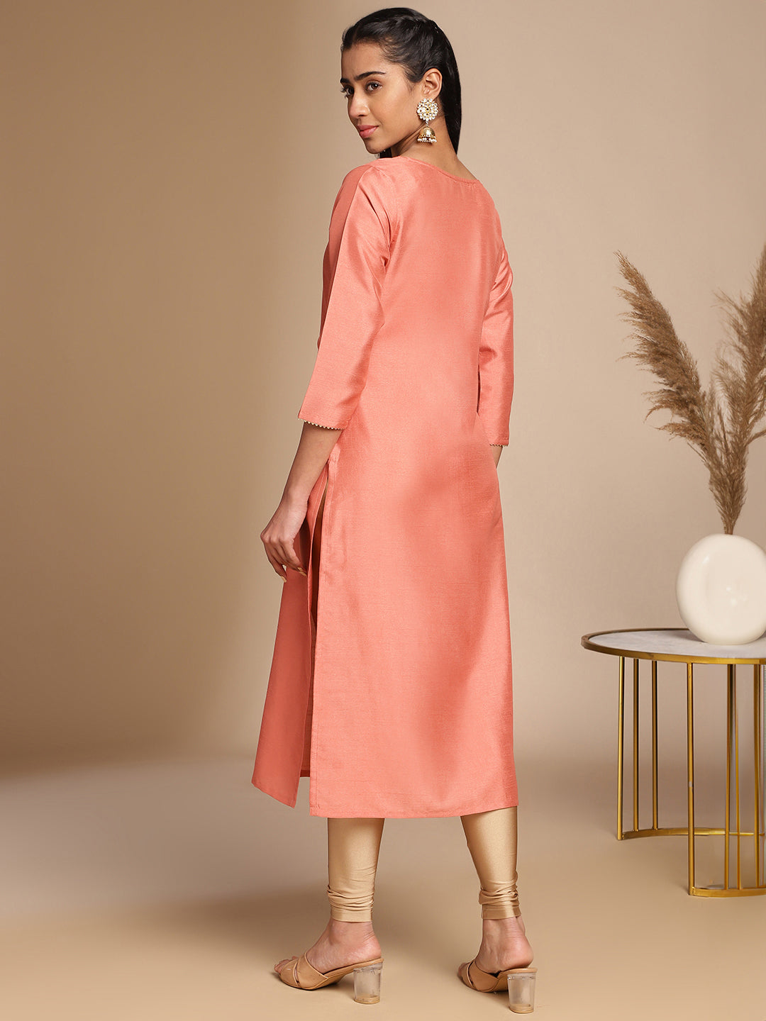 Janasya Peach Crepe Silk Solid Straight Kurta 