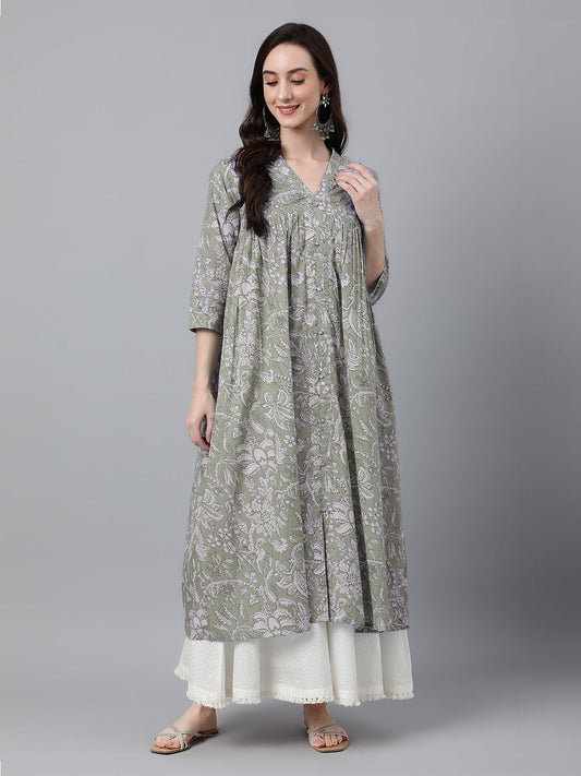 Janasya Light Cotton Floral Flared Kurta | Grab2Buy