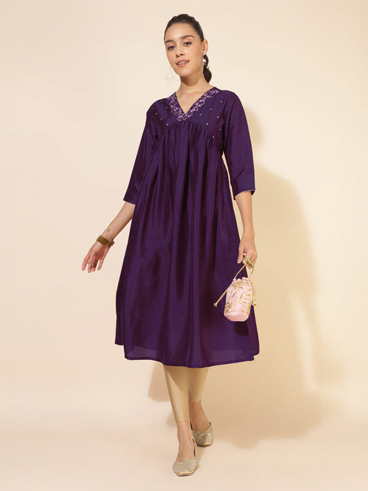 Janasya Dark Silk Blend Yoke Embroidery A-Line Kurta | Grab2Buy