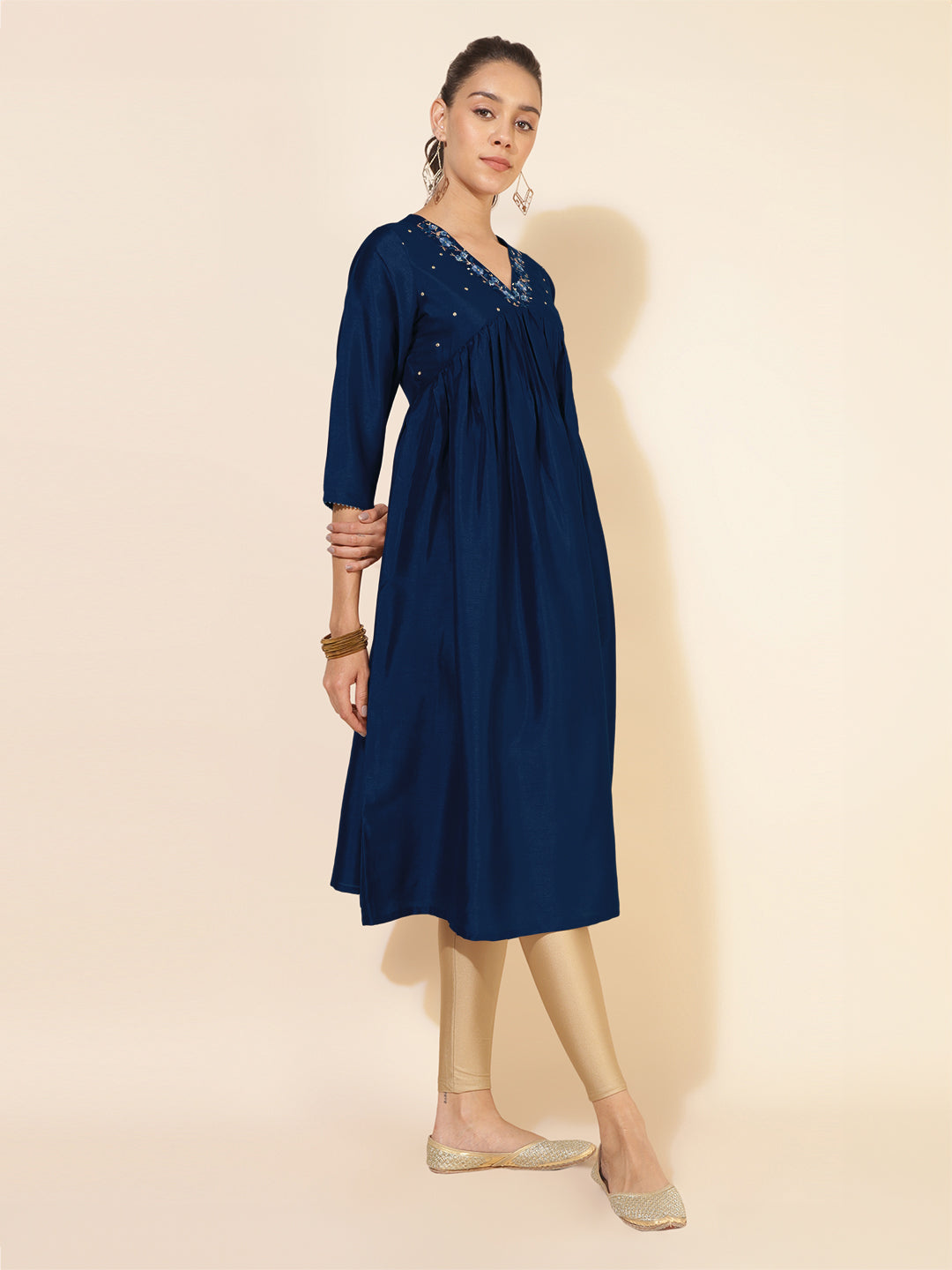 Janasya Dark Silk Blend Yoke Embroidery A-Line Kurta | Grab2Buy