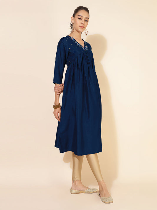 Janasya Dark Silk Blend Yoke Embroidery A-Line Kurta | Grab2Buy