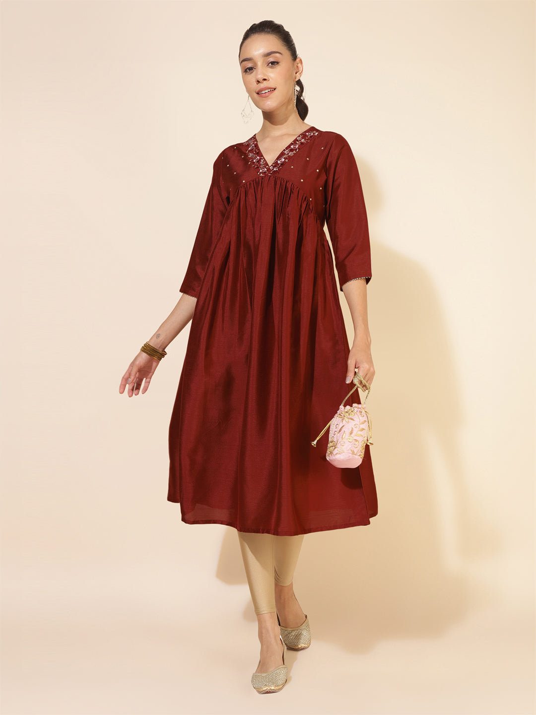 Janasya Dark Silk Blend Yoke Embroidery A-Line Kurta | Grab2Buy