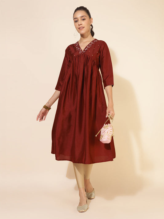Janasya Dark Silk Blend Yoke Embroidery A-Line Kurta | Grab2Buy