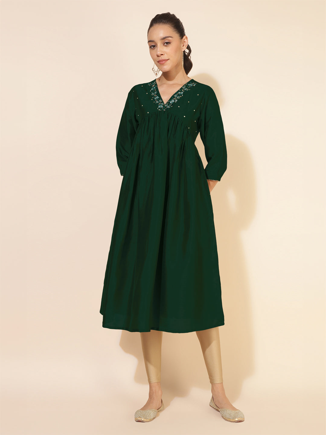 Janasya Dark Silk Blend Embroidered A-Line Kurta | Grab2Buy