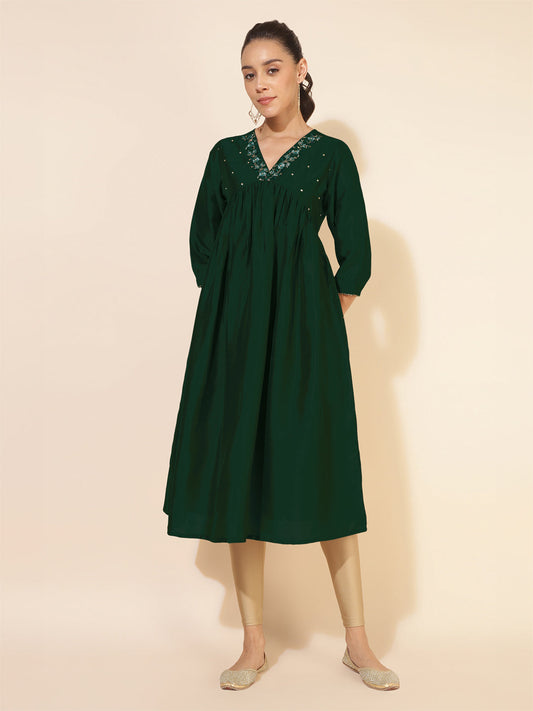Janasya Dark Silk Blend Embroidered A-Line Kurta | Grab2Buy