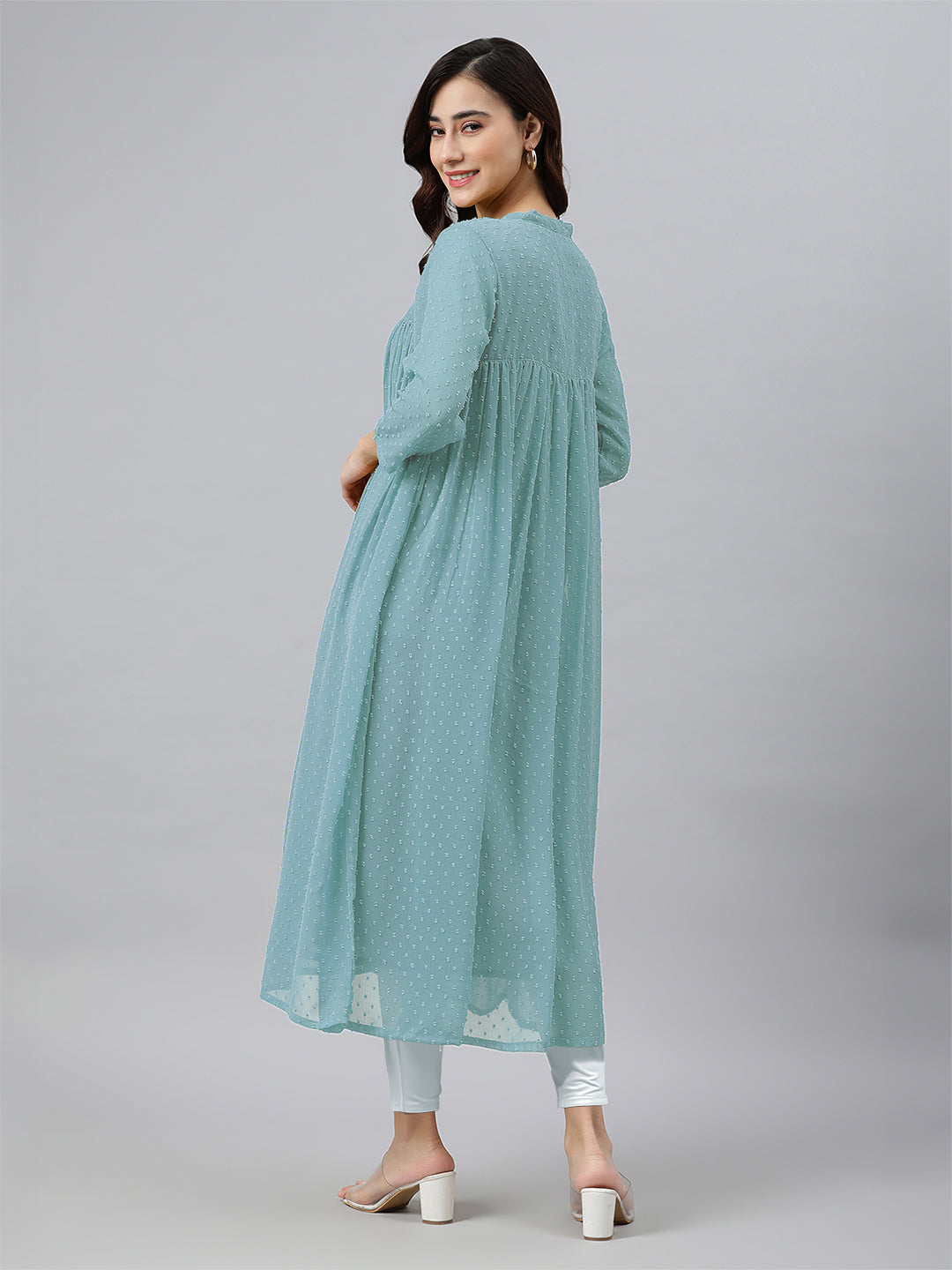 Janasya Light Dobby Chiffon Self Design Flared Kurta 