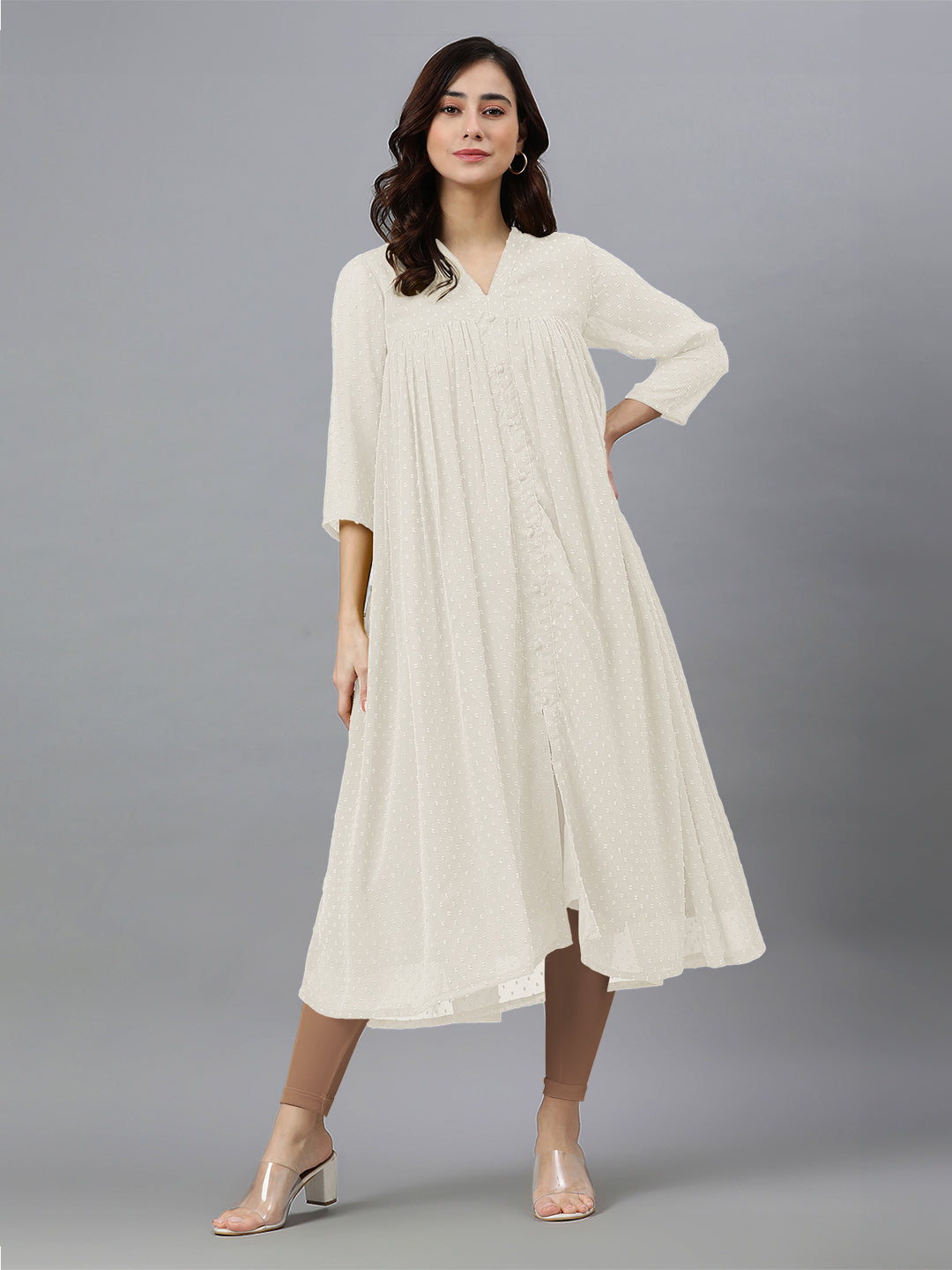 Janasya Light Dobby Chiffon Self Design Flared Kurta 