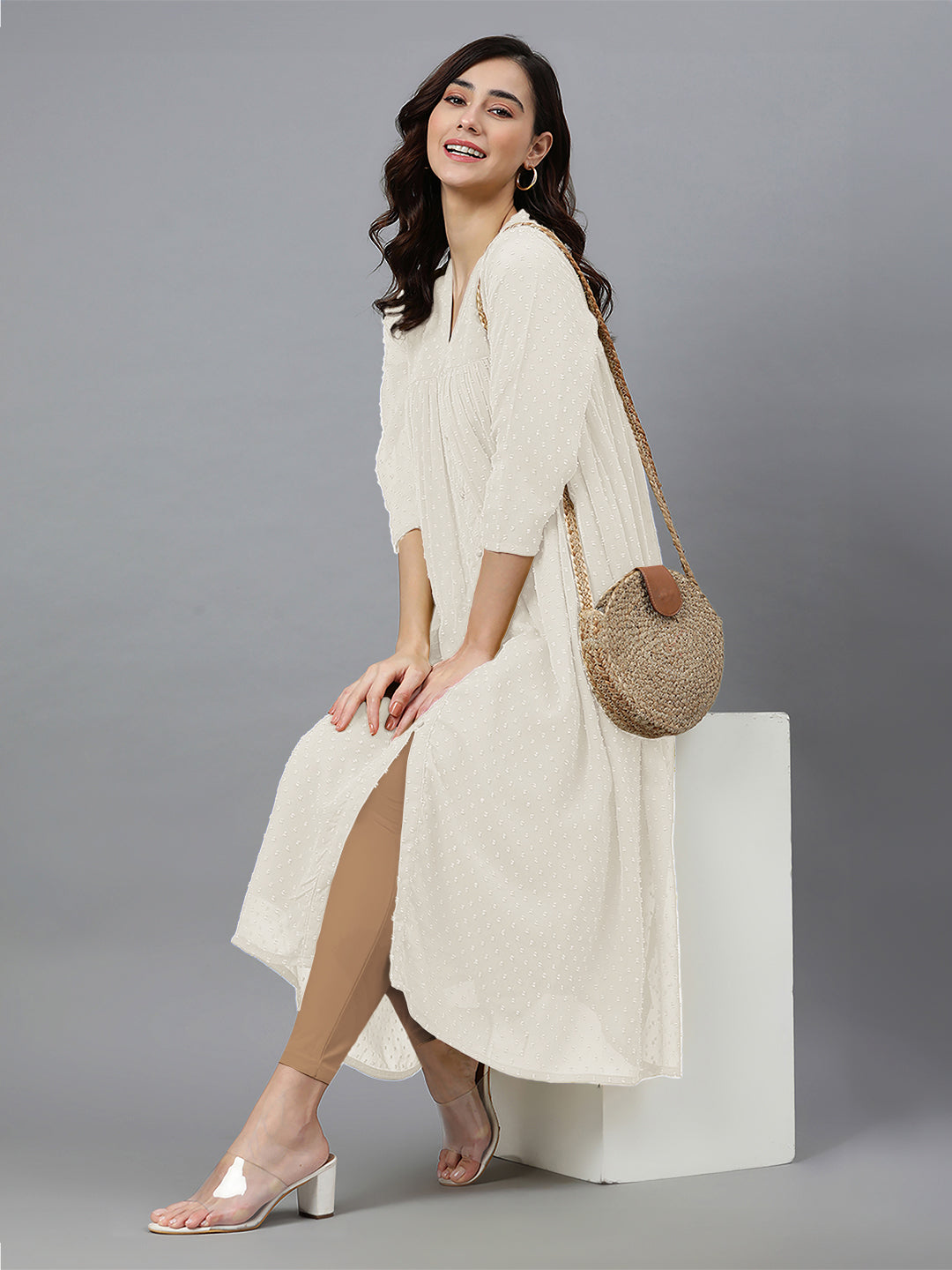 Janasya Light Dobby Chiffon Self Design Flared Kurta 