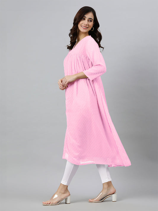 Janasya Light Dobby Chiffon Self Design Flared Kurta 