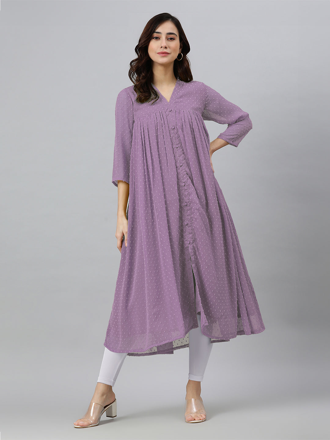Janasya Light Dobby Chiffon Solid Flared Kurta 
