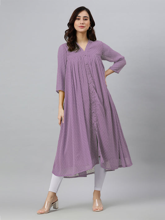 Janasya Light Dobby Chiffon Solid Flared Kurta 