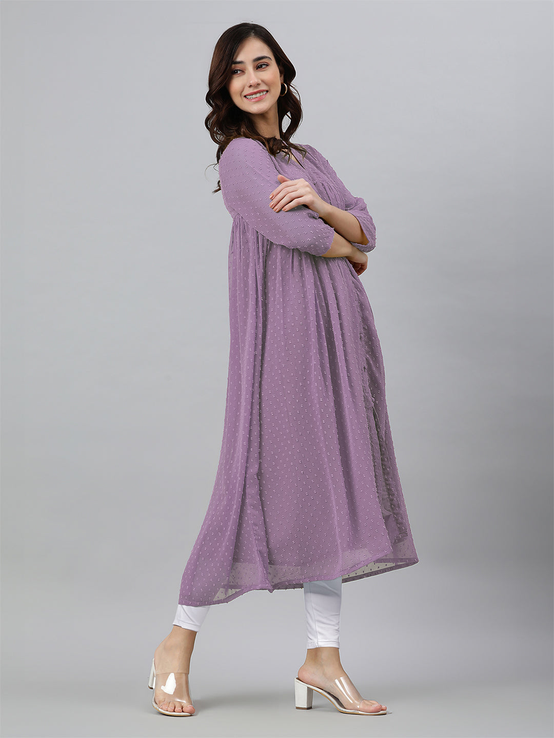 Janasya Light Dobby Chiffon Solid Flared Kurta 