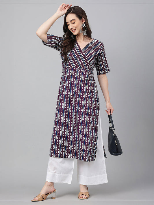 Janasya Dark Cotton Geometric Straight Kurta | Grab2Buy