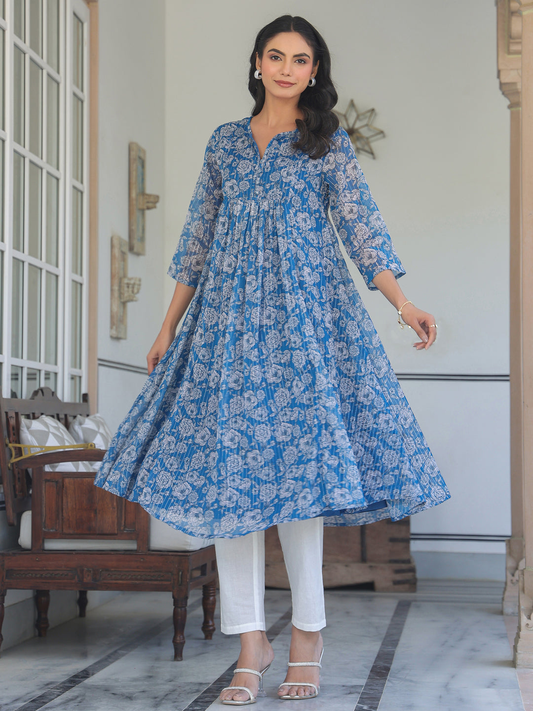 Janasya Dark Chiffon Floral A-Line Kurta 