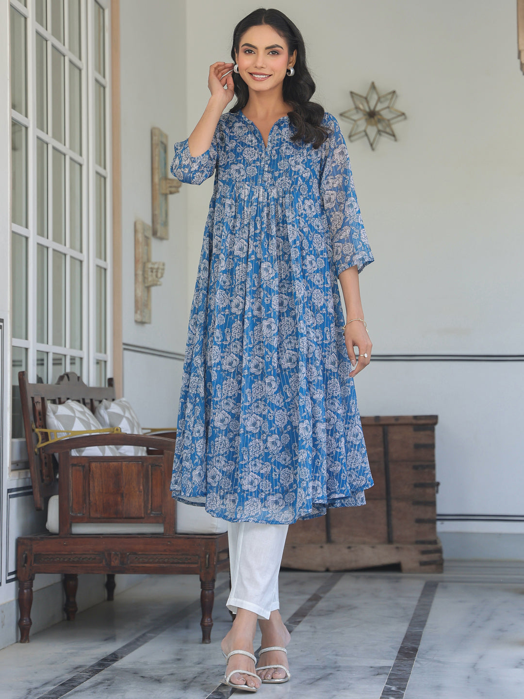 Janasya Dark Chiffon Floral A-Line Kurta 