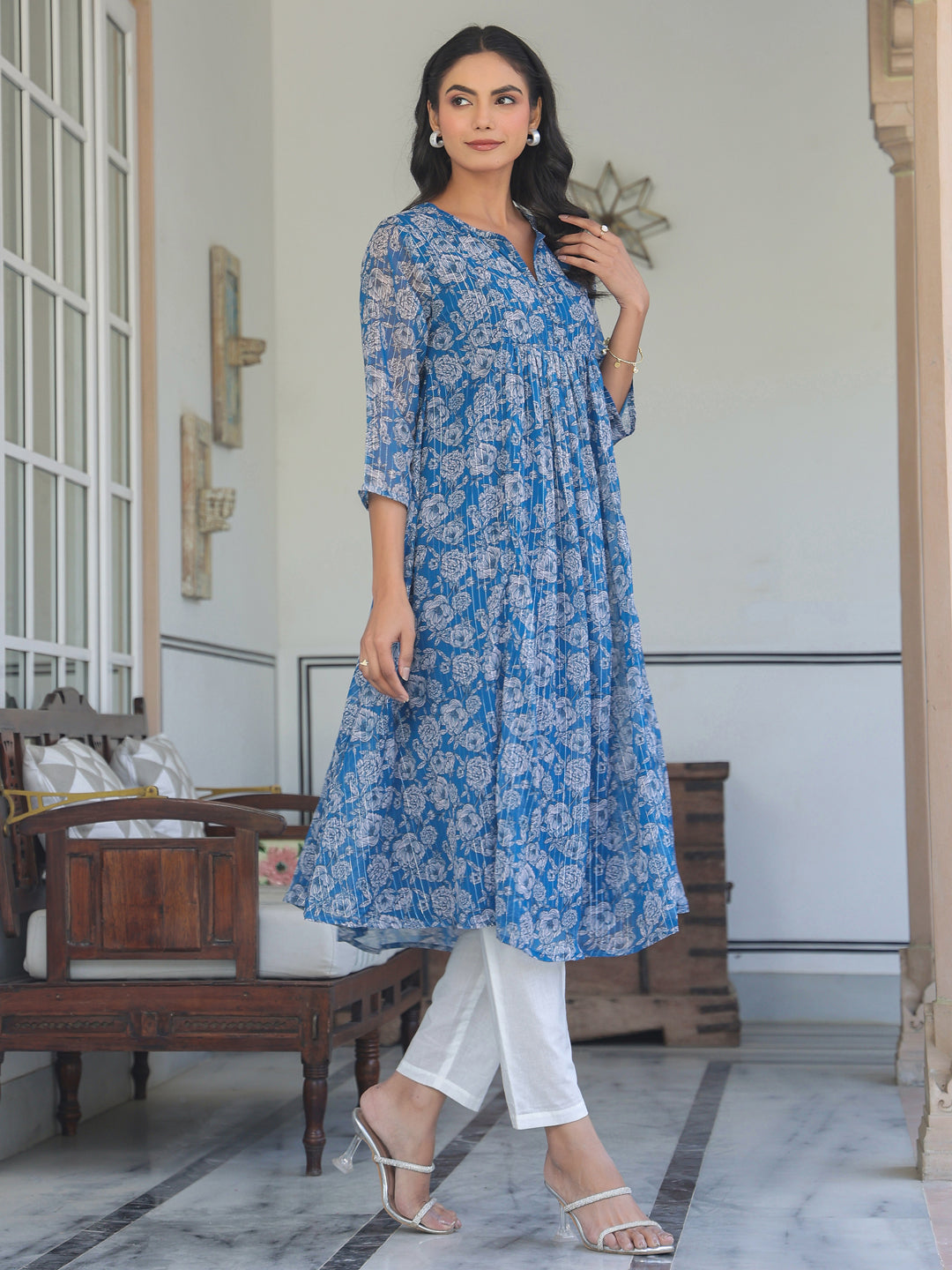 Janasya Dark Chiffon Floral A-Line Kurta 