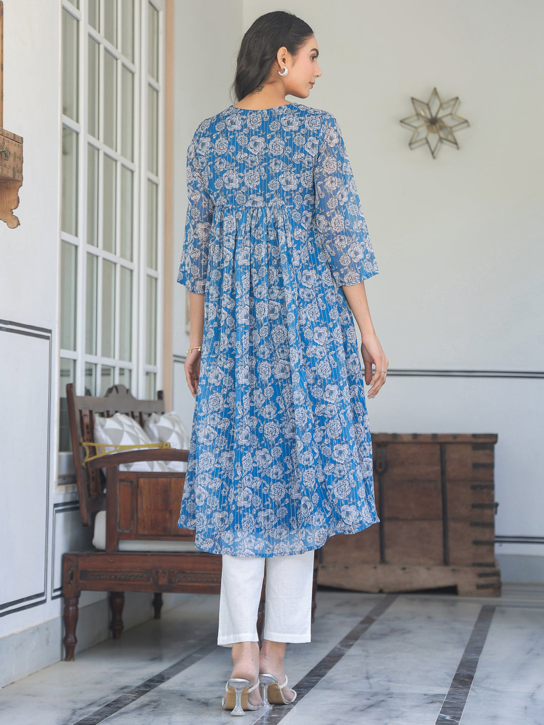 Janasya Dark Chiffon Floral A-Line Kurta 