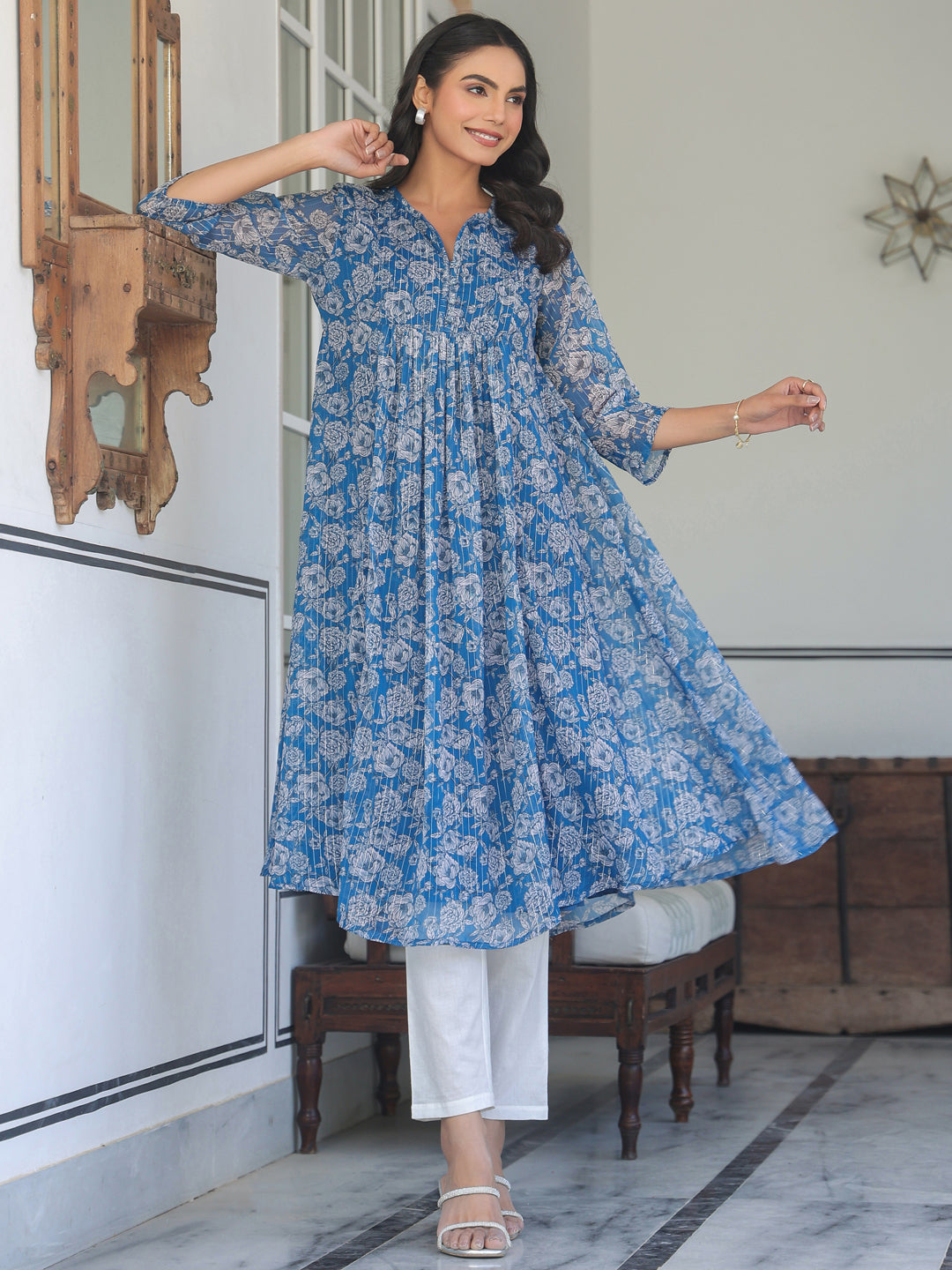 Janasya Dark Chiffon Floral A-Line Kurta 
