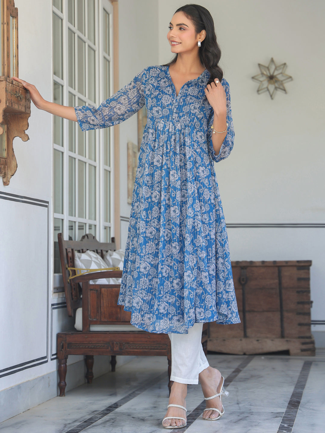 Janasya Dark Chiffon Floral A-Line Kurta 