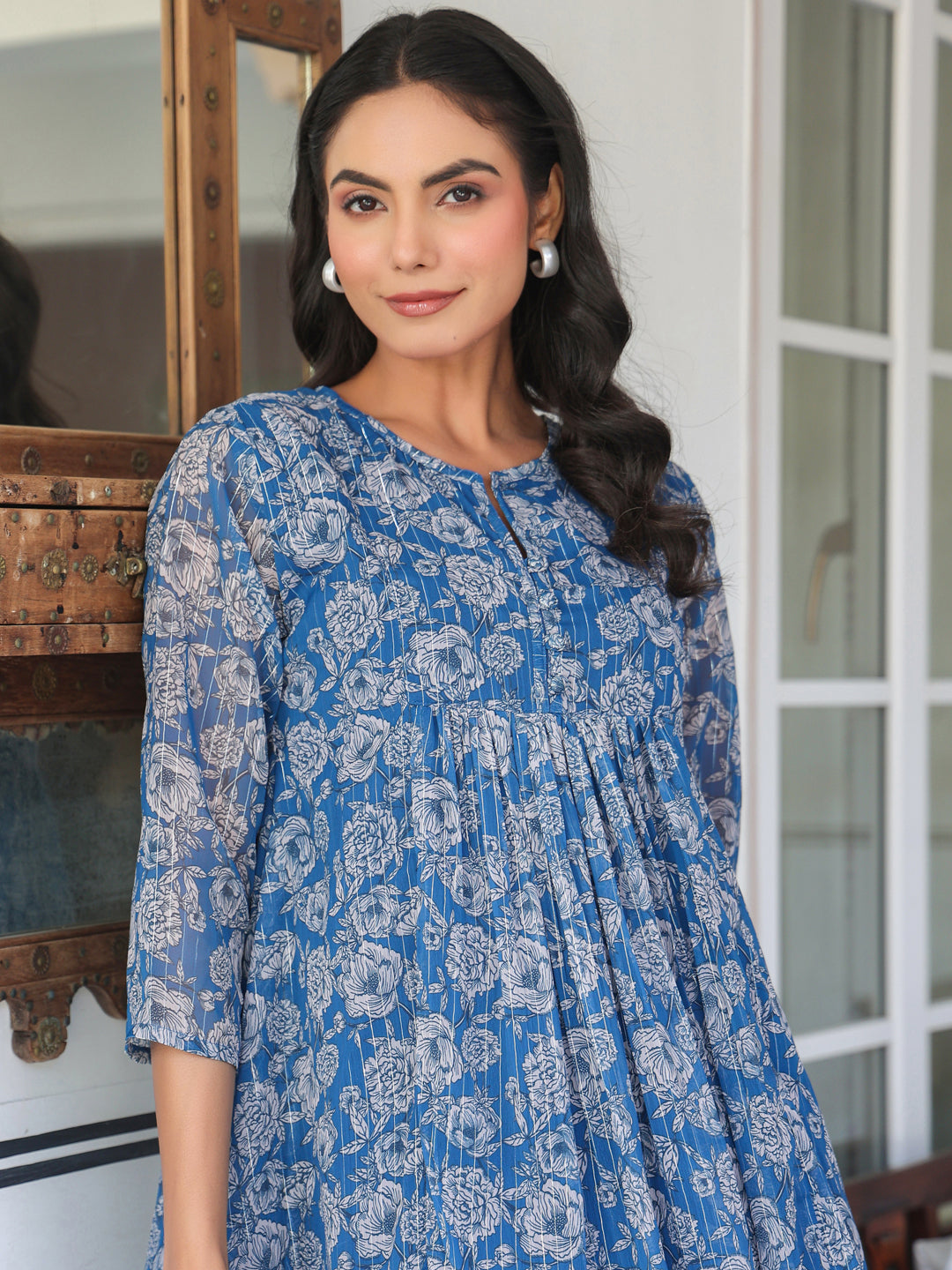 Janasya Dark Chiffon Floral A-Line Kurta 